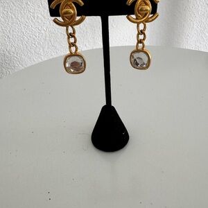 Authentic Chanel clip on Gold-Tone Drop Earrings with Clear Crystal Dangles